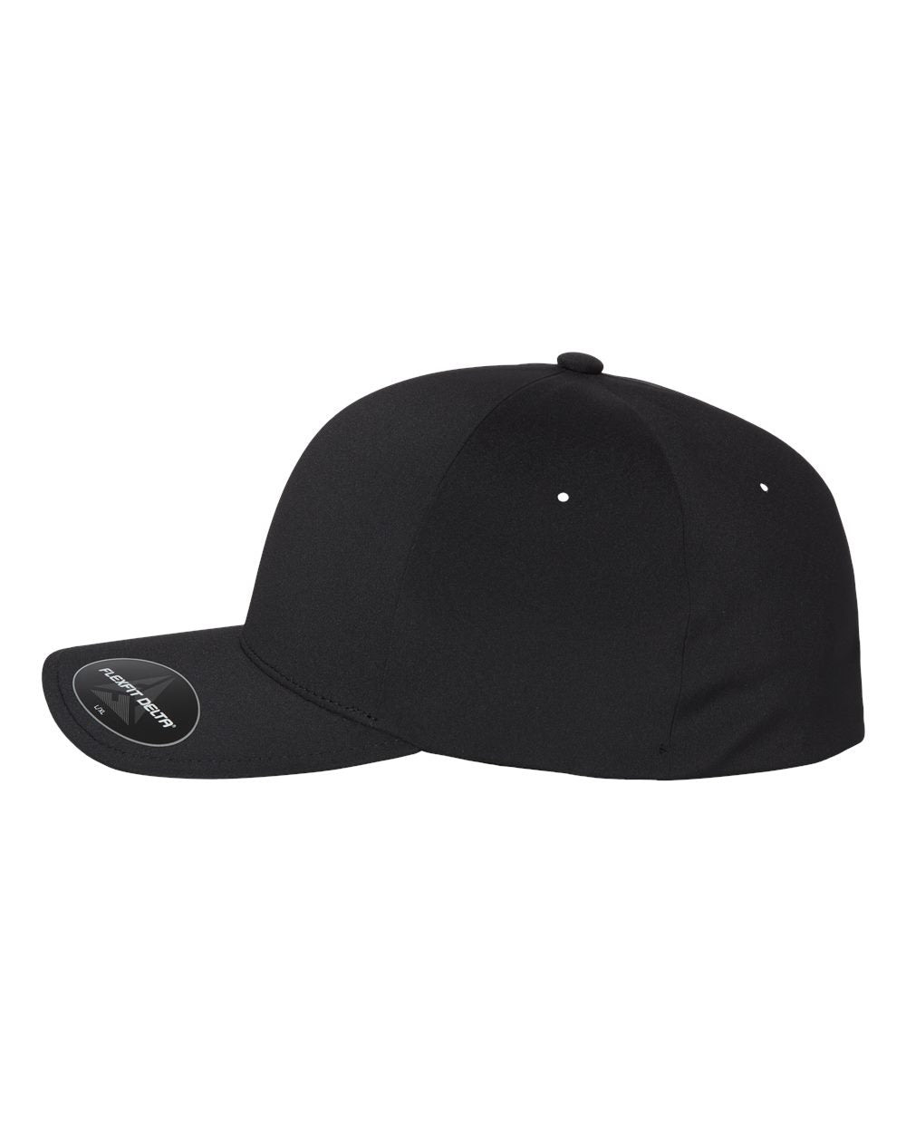 Delta Flexfit hat, back view, has no logo and Laser-cut eyelets around the 6 panel hat.