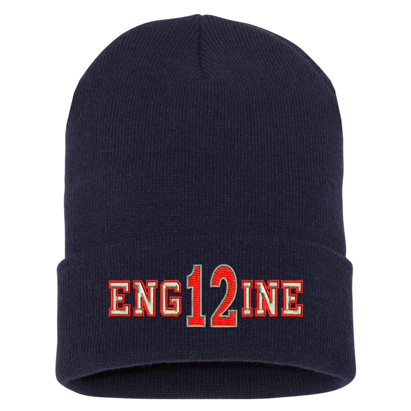 Custom embroidered cuffed Beanie.  The word ENGINE is embroidered in silver thread with a red outline and your custom number/text up to 3 characters embroidered in red with silver outline. Color navy.