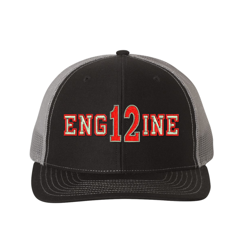 Personalized Richardson hat . The word ENGINE is embroidered in silver thread with a red outline and your custom number/text up to 3 characters embroidered in red with silver outline. Color black/charcoal.
