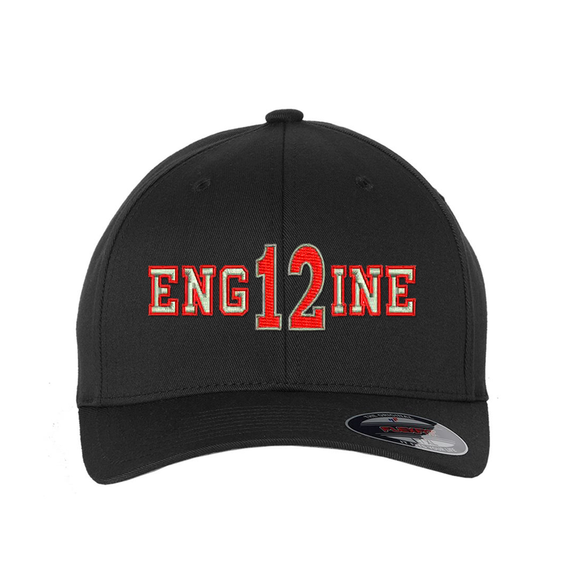 Personalized Flexfit hat. Add your truck number to the cap.  Embroidered text, ENGINE, is silver outlined in red.  Hat color black.