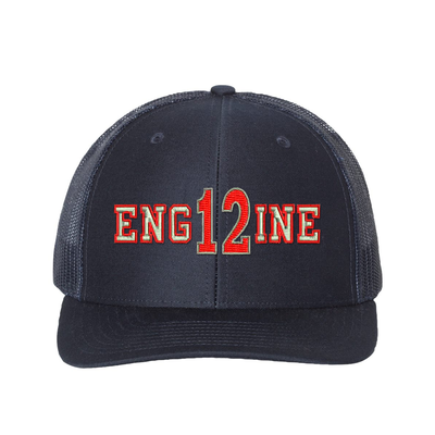 Personalized Richardson hat . The word ENGINE is embroidered in silver thread with a red outline and your custom number/text up to 3 characters embroidered in red with silver outline. Color navy.