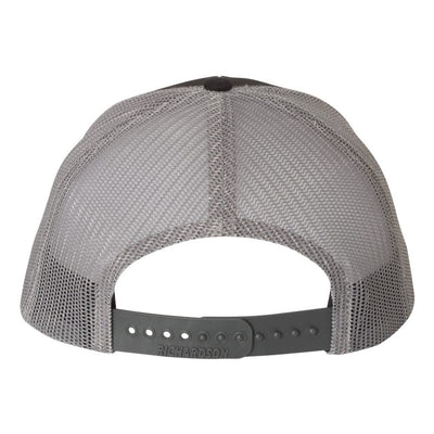 Back view of the Richardson hat shows the mesh back panels with the adjustable plastic snapback.