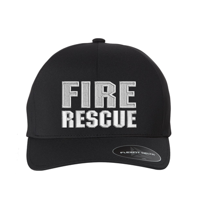 Fire Rescue Delta Flexfit hat.  Hat color black. Text is white.