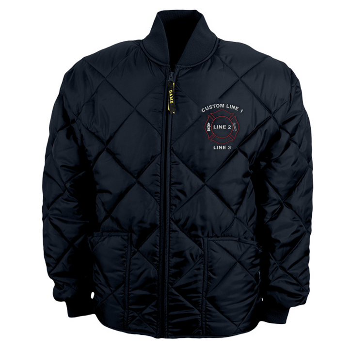Custom firefighter jacket with Maltese cross embroidery on chest