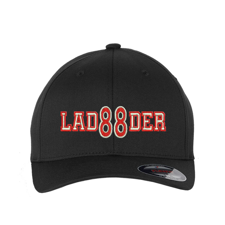 Personalized Flexfit hat. Add your truck number to the cap.  Embroidered text, LADDER, is silver outlined in red.  Hat color black.