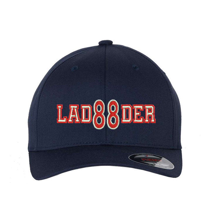 Personalized Flexfit hat. Add your truck number to the cap.  Embroidered text, LADDER, is silver outlined in red.  Hat color navy.