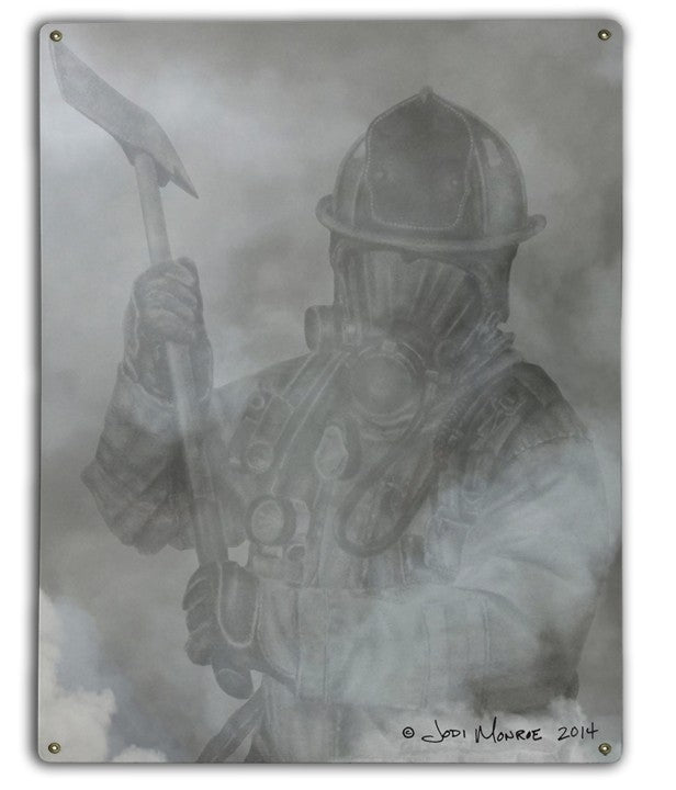 Firefighter in Smoke Metal Sign