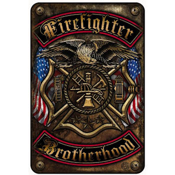 FIREFIGHTER DOUBLE FLAGGED BROTHERHOOD METAL PARKING SIGN