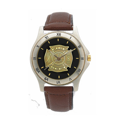 Fire Dept Medallion Leather Band Engravable Watch