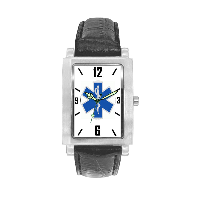Star of Life Engravable Watch with Black Leather Band