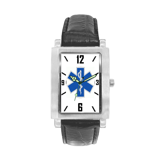 Star of Life Engravable Watch with Black Leather Band