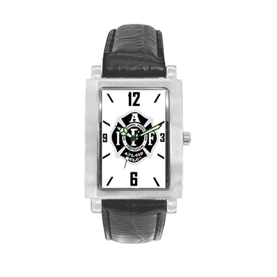 IAFF Silver Black Engravable Watch with Black Leather Band