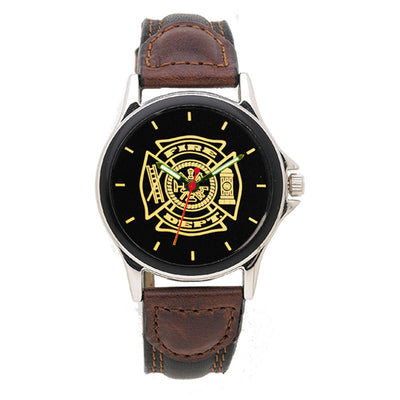 Fire Dept Medallion Leather Engravable Watch