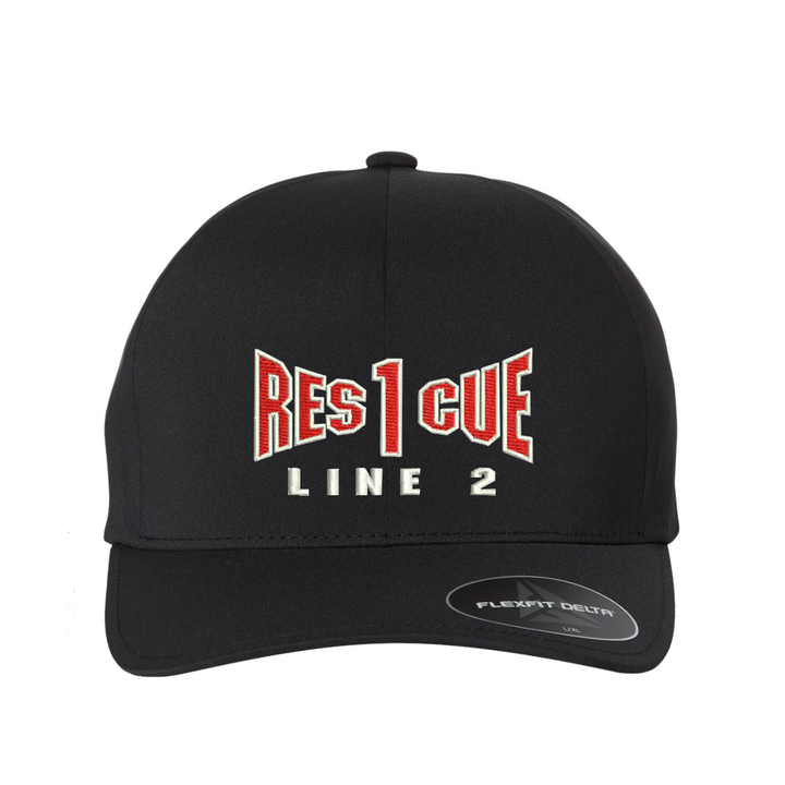 Personalized black Delta FlexFit firefighter hat with Fire Rescue embroidery