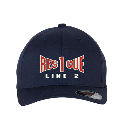 Rescue company personalized Flexfit hat . Add your truck number to the cap.  Embroidered text, Rescue, and the option of a second line below the main text.   Hat color navy.