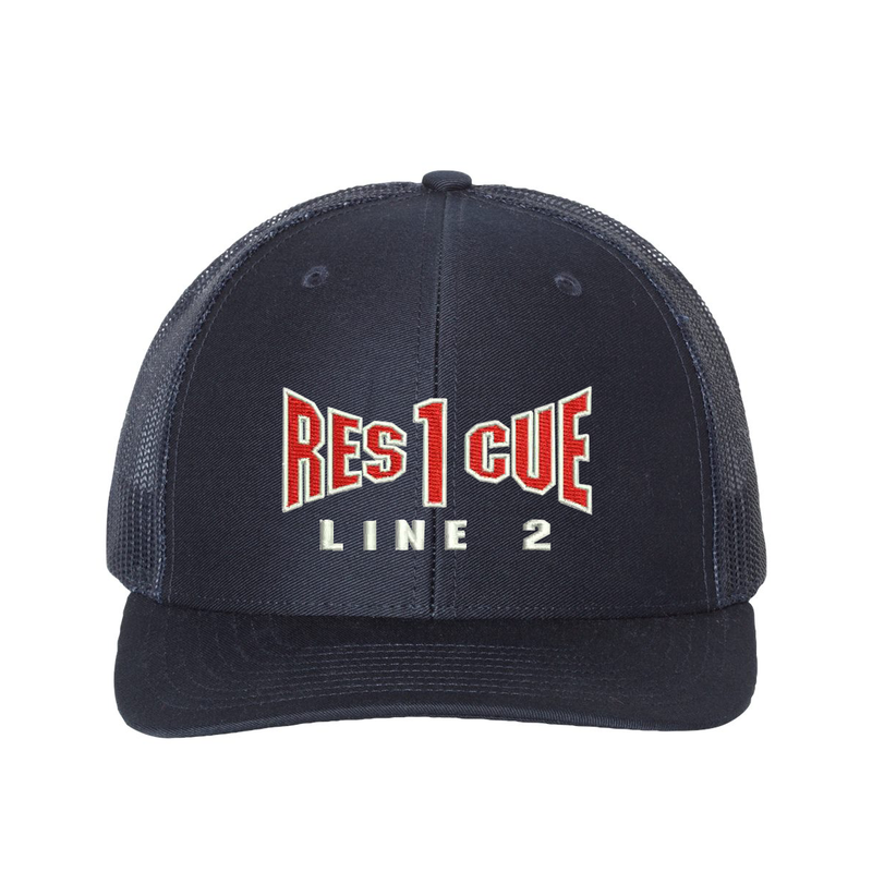 Rescue company personalized Richardson Truck hat . Add your truck number to the cap. Embroidered text, Rescue, and the option of a second line below the main text. Hat color navy/navy.