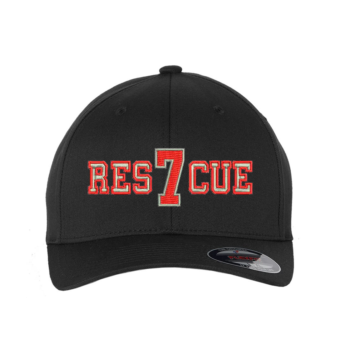 Personalized Flexfit hat. Add your truck number to the cap.  Embroidered text, RESCUE, is silver outlined in red.  Hat color black.
