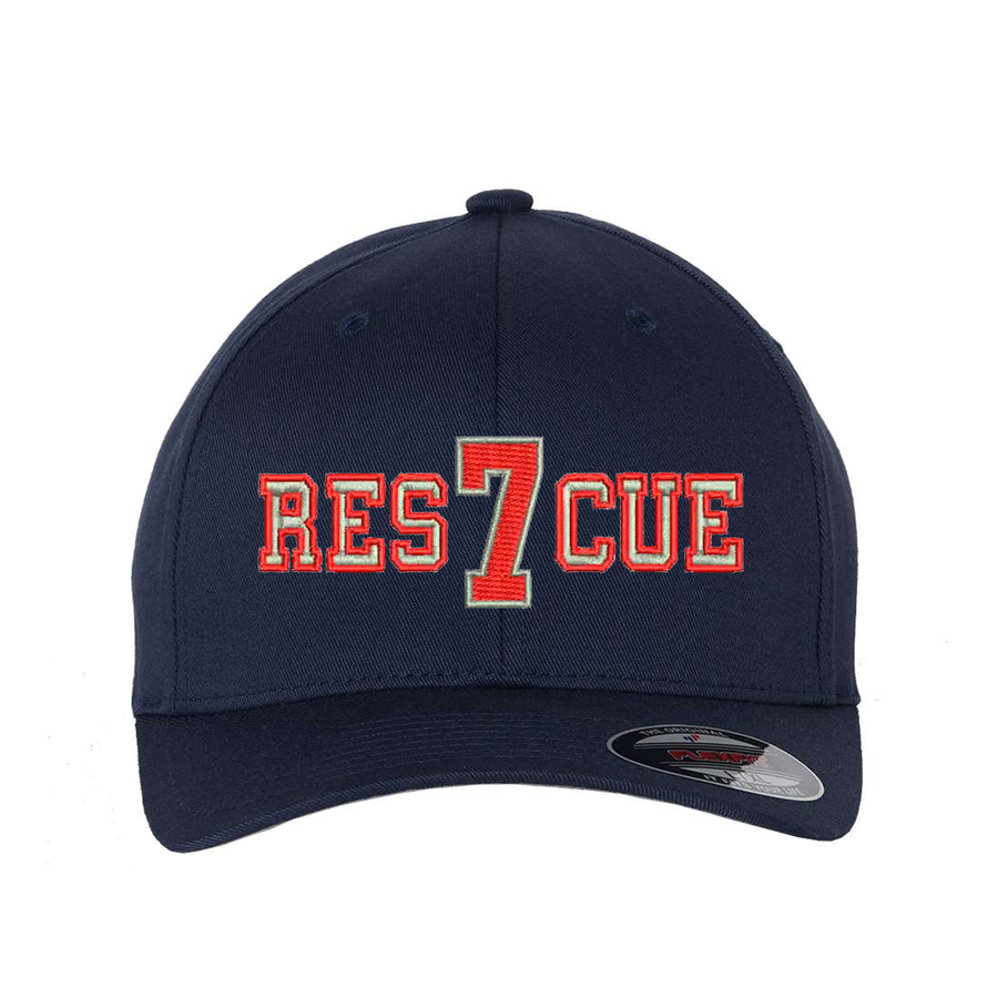 Personalized Flexfit hat. Add your truck number to the cap.  Embroidered text, RESCUE, is silver outlined in red.  Hat color navy.