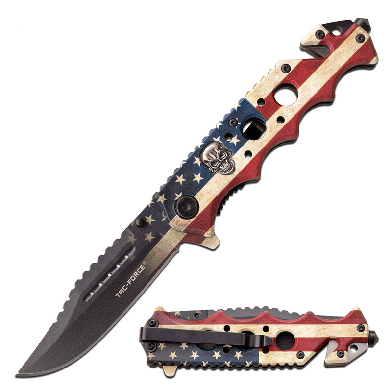 American Flag and Skull Spring Assisted Rescue Knife