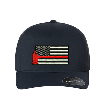 Thin Red Line Flag with red axe  Delta Flexfit  hat,  Embroidered flag  in the center of the hat.  Hat color is navy.