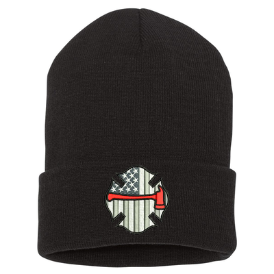 Embroidered cuffed Beanie, Maltese Flag with red axe is embroidered in the center of the cuff. Hat color black.