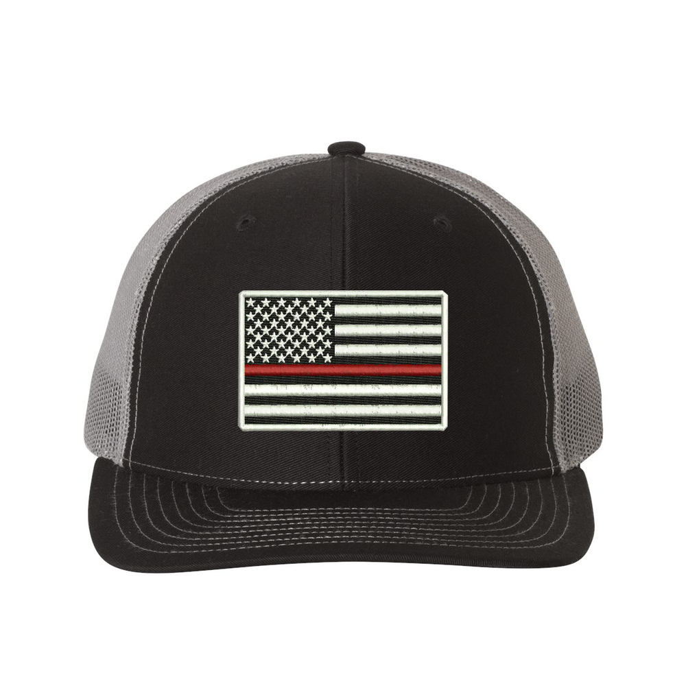 Black snapback trucker hat with Thin Red Line