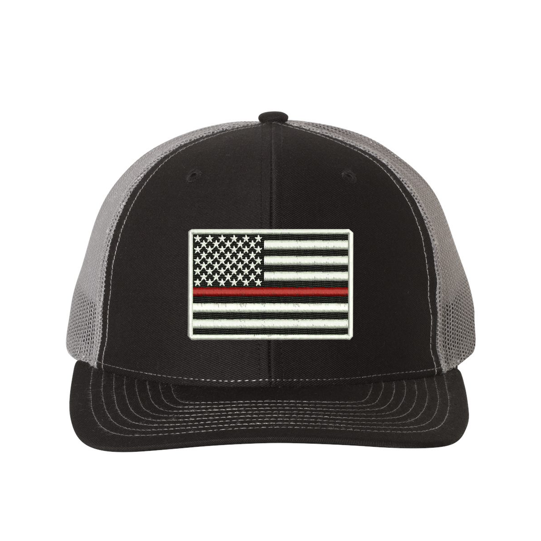 Black snapback trucker hat with Thin Red Line