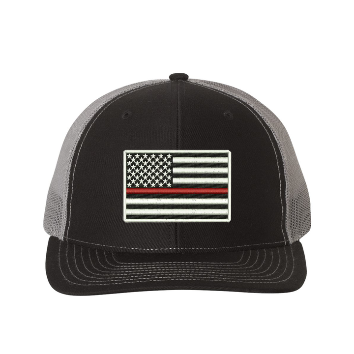 Black snapback trucker hat with Thin Red Line