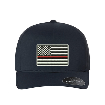 Thin Red Line Flag, Delta Flexfit  hat,  Embroidered flag  in the center of the hat.  Hat color is navy.