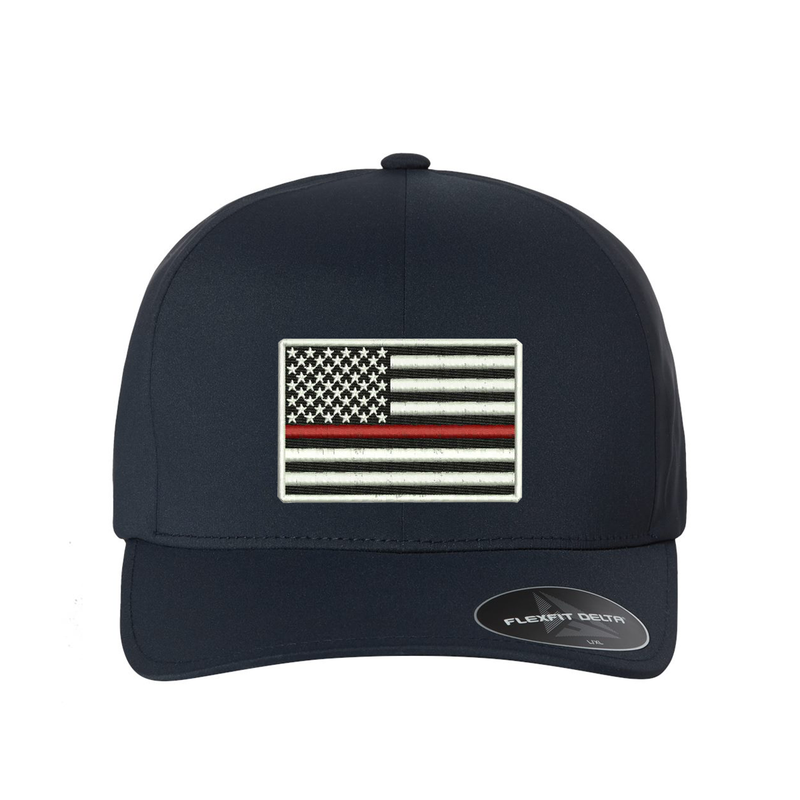 Thin Red Line Flag, Delta Flexfit  hat,  Embroidered flag  in the center of the hat.  Hat color is navy.