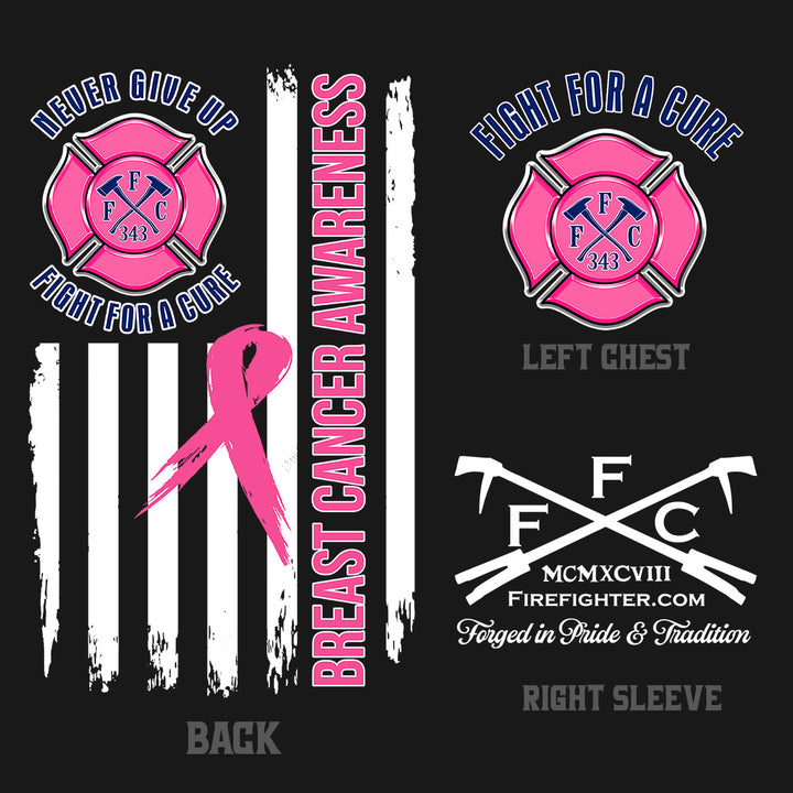 A black graphic design sheet showing breast cancer awareness themes, with pink ribbons, pink fire department Maltese cross emblems, white distressed stripes, and text including 'Breast Cancer Awareness,' 'Never Give Up Fight For A Cure,' and 'Fight For A Cure.' The sheet also includes placement labels 'Back,' 'Left Chest,' and 'Right Sleeve. #color_black