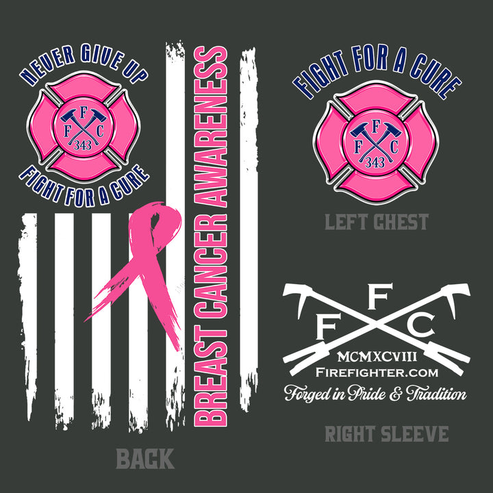 A digital graphic layout showing front and back design elements for a breast cancer awareness themed t-shirt #color_charcoal