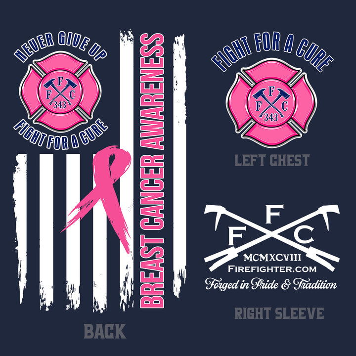 Front and back views of a dark navy blue t-shirt design featuring breast cancer awareness themes. #color_navy