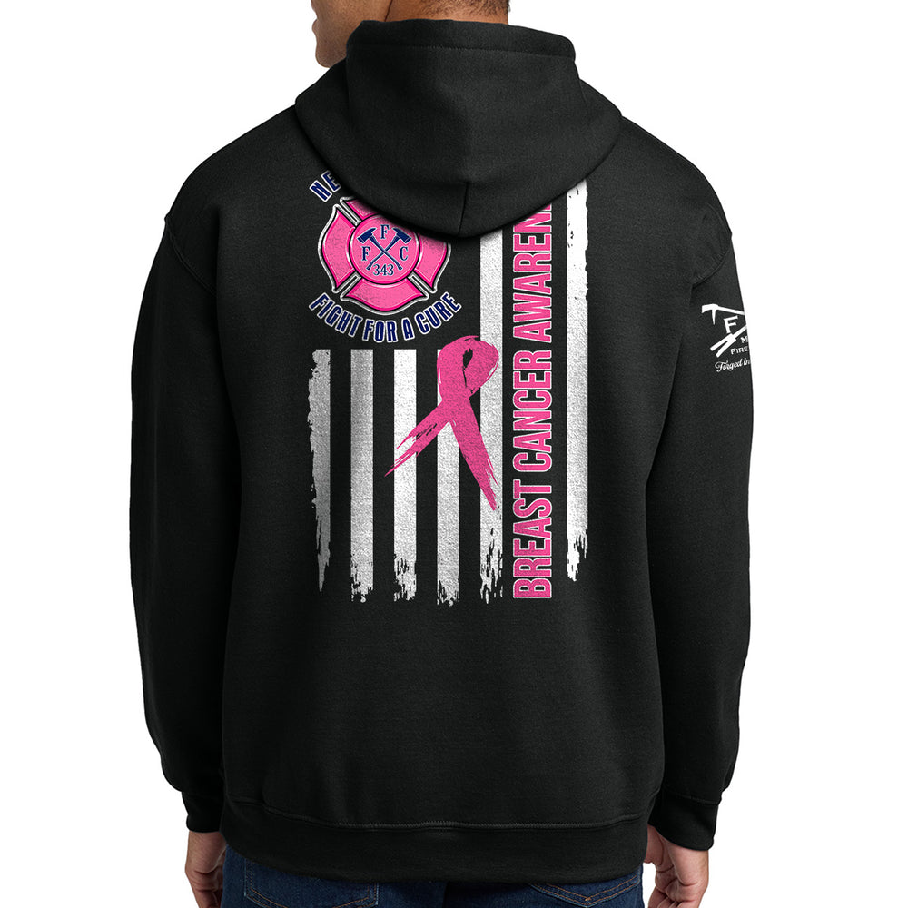 A person shown from the back wearing a black hoodie with a large breast cancer awareness graphic on the back. #color_black