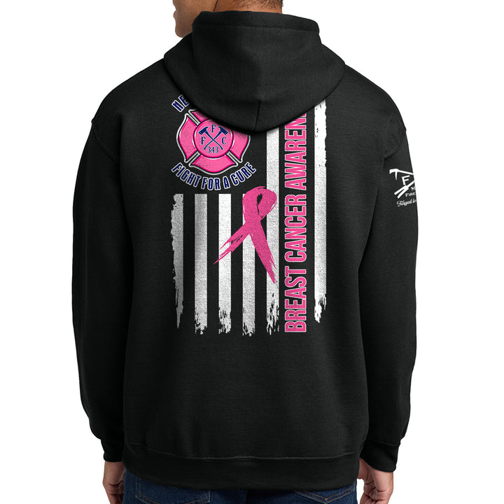 A person shown from the back wearing a black hoodie with a large breast cancer awareness graphic on the back. #color_black