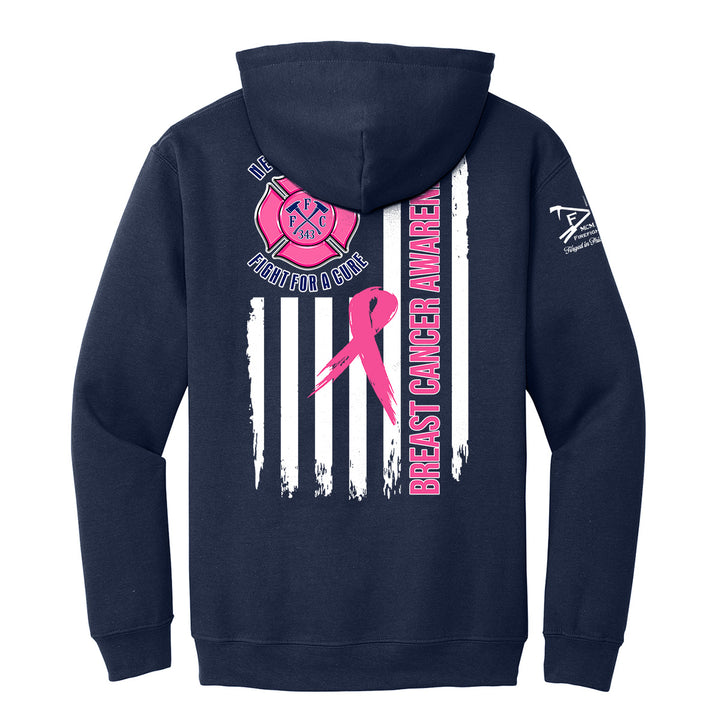 A navy blue hoodie shown from the back, featuring a breast cancer awareness design #color_navy