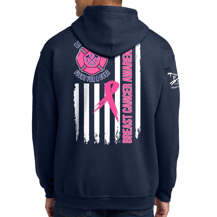 A person shown from the back wearing a navy hoodie with a large breast cancer awareness graphic on the back. #color_navy