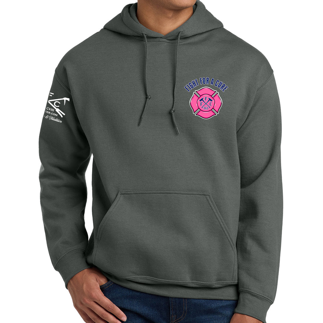 A man wearing a dark gray pullover hoodie featuring a breast cancer awareness design #color_charcoal