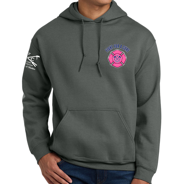 A man wearing a dark gray pullover hoodie featuring a breast cancer awareness design #color_charcoal