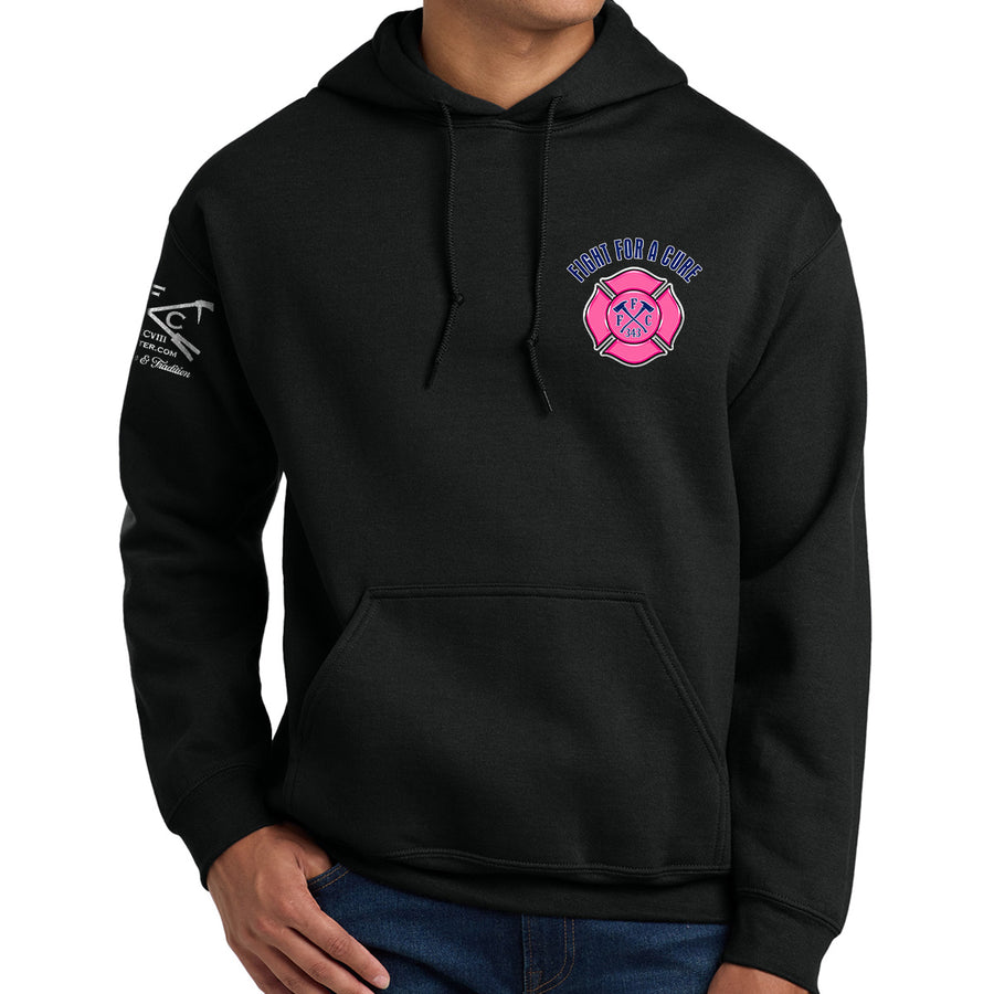A person wearing a black pullover hoodie with a breast cancer awareness design #color_black