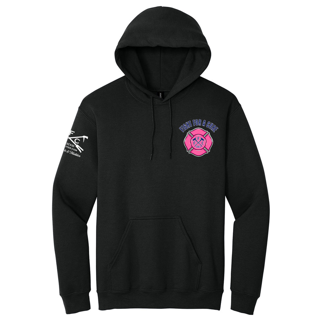 A black pullover hoodie with a pink and blue fire department emblem on the left chest and with a breast cancer awareness design #color_black