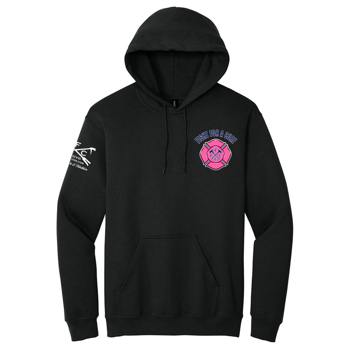 A black pullover hoodie with a pink and blue fire department emblem on the left chest and with a breast cancer awareness design #color_black