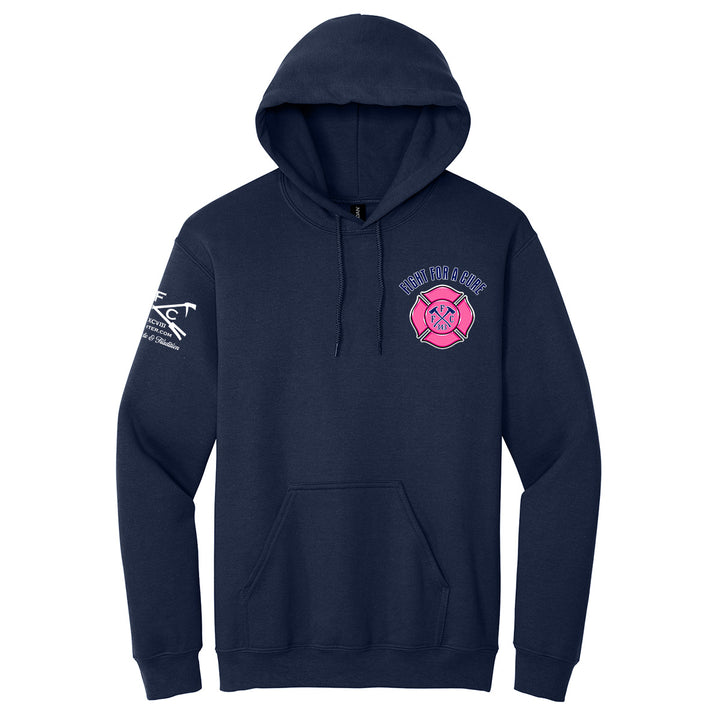A firefiighter navy blue pullover hoodie featuring a breast cancer awareness design #color_navy