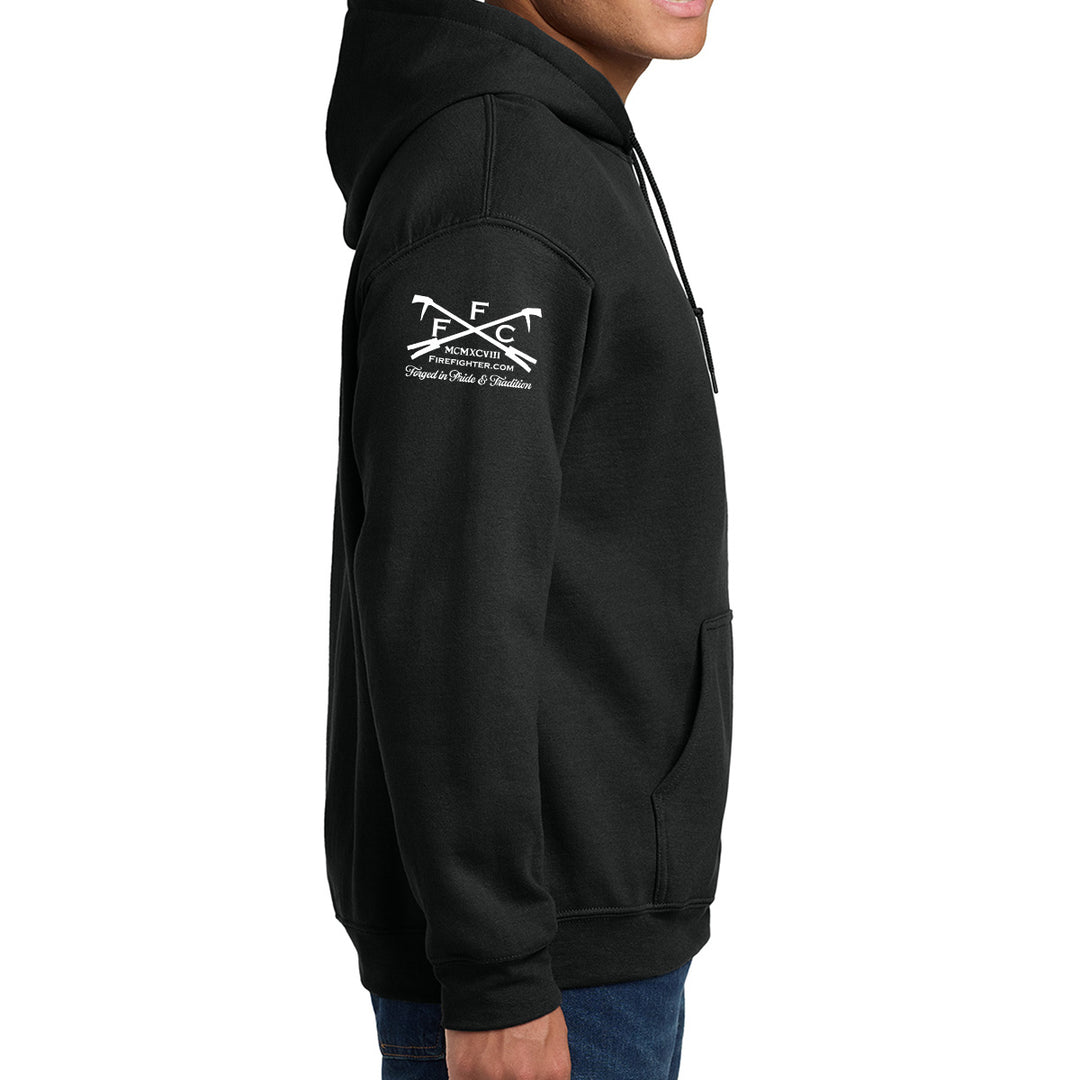 A side-profile view of a person wearing a black pullover hoodie with FFC logo in right sleeve #color_black