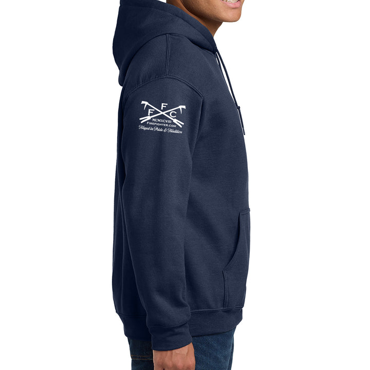 A person wearing a navy blue pullover hoodie with a white ffc logo on right sleeve. #color_navy