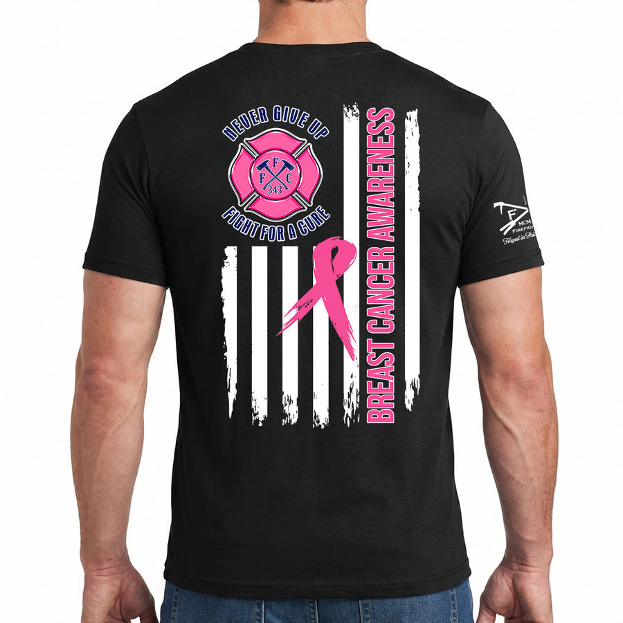 A man wearing a black short-sleeve t-shirt, viewed from the back. The shirt features a large graphic design with a pink fire department helmet and Maltese cross, a pink breast cancer ribbon, white vertical stripes, and text reading 'LIFELONG GIVE ME BREAST CANCER AWARENESS' and 'BREAST CANCER AWARENESS'. #color_black