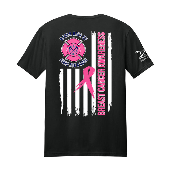 A black short-sleeve t-shirt with a graphic design on the back featuring a pink breast cancer ribbon, a pink fire department helmet and Maltese cross, white vertical stripes, and pink and blue text reading 'Higher GIVE UP Breast Cancer Awareness' and 'FIGHT FOR BREAST CANCER'. #color_black