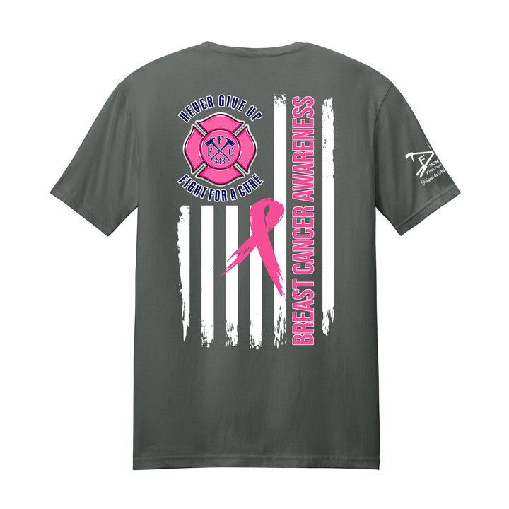 A dark gray short-sleeve t-shirt with a back graphic featuring a pink breast cancer ribbon,vertical white stripes, and the text 'NEVER GIVE UP FIGHT FOR a cure' and 'BREAST CANCER AWARENESS'. #color_charcoal