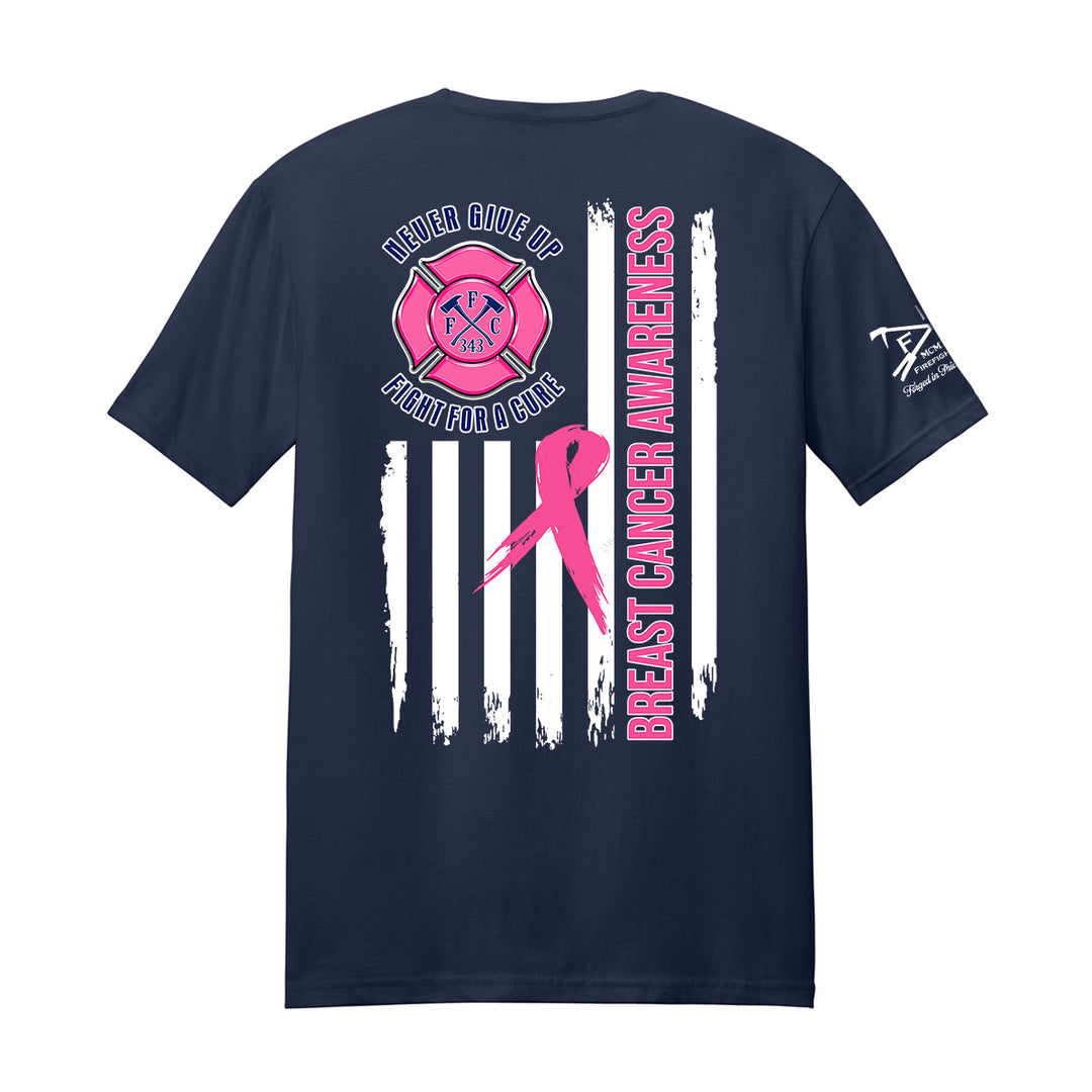 A navy blue short-sleeve t-shirt with a breast cancer awareness graphic on the back. #color_navy