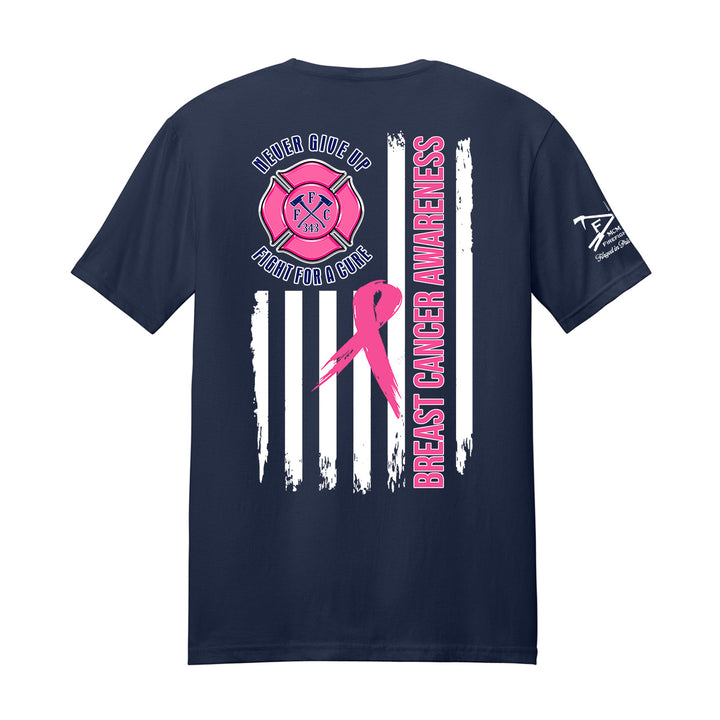 A navy blue short-sleeve t-shirt with a breast cancer awareness graphic on the back. #color_navy